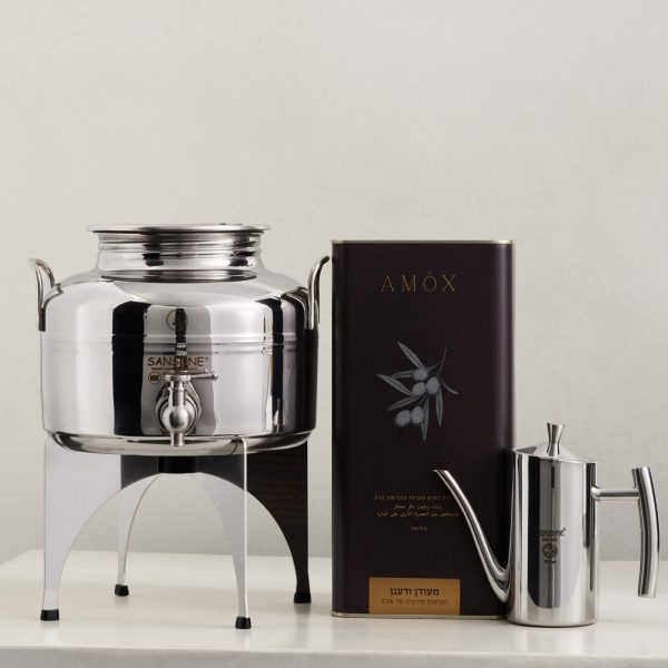 Meudan Experience חווית שמן זית מעודנת: מיכל נירוסטה 5 ליטר ומעמד + קנקן 0.5 ליטר + פח שמן זית 5 ליטר מעודן ורענן