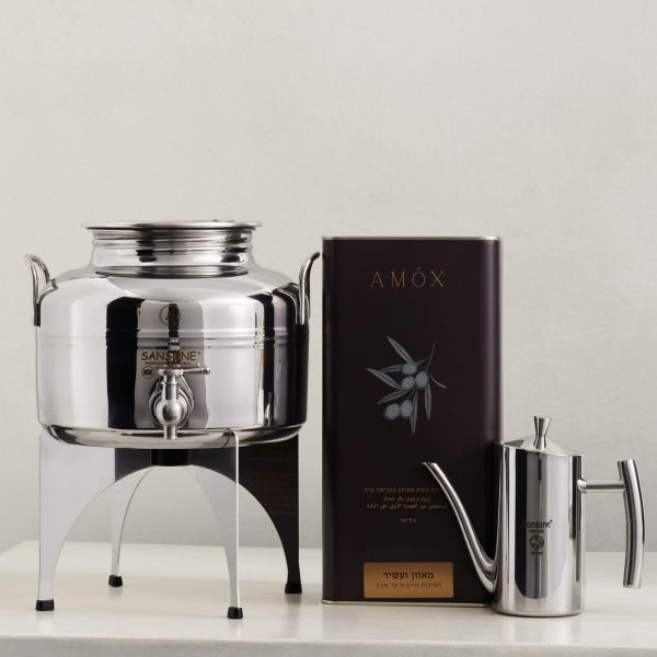 Meuzan Experience חווית שמן זית עשירה: מיכל נירוסטה 5 ליטר ומעמד + קנקן 0.5 ליטר + פח שמן זית 5 ליטר מאוזן ועשיר