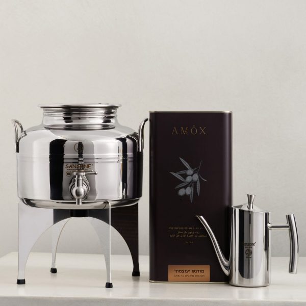 Mudgash experience חווית שמן זית עוצמתית: מיכל נירוסטה 5 ליטר ומעמד + קנקן 0.5 ליטר + פח שמן זית מודגש ועוצמתי 5 ליטר