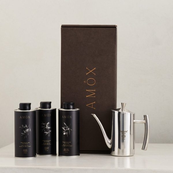 clasico package מארז קלאסיקו: קנקן נירוסטה 0.5 ליטר + שמן זית משובח ב 3 טעמים