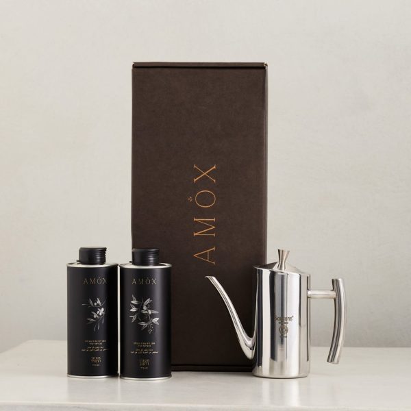 meudan + Meuzan + Cruet - package מארז ים תיכוני: קנקן נירוסטה 0.5 ליטר + 2 סוגים של שמן זית- מעודן ומודגש